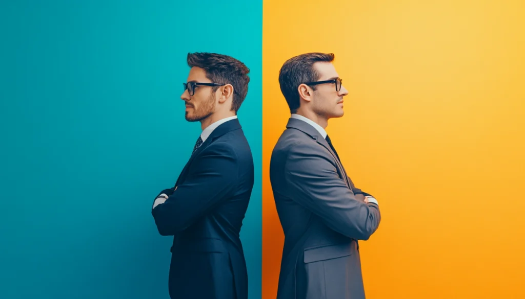 Two men in suits standing back to back