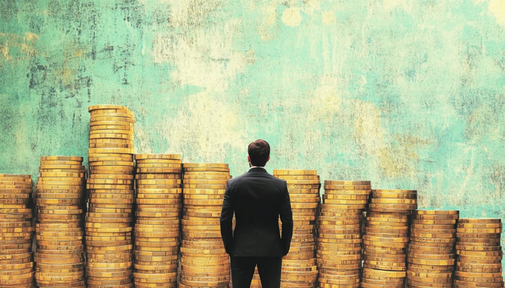 A man in a suit looking at giant stacks of coins